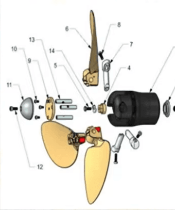 Exploded diagram of saildrive propeller assembly showing labeled shaft seals, sacrificial anode, propeller, and drive housing for DIY haul-out maintenance
